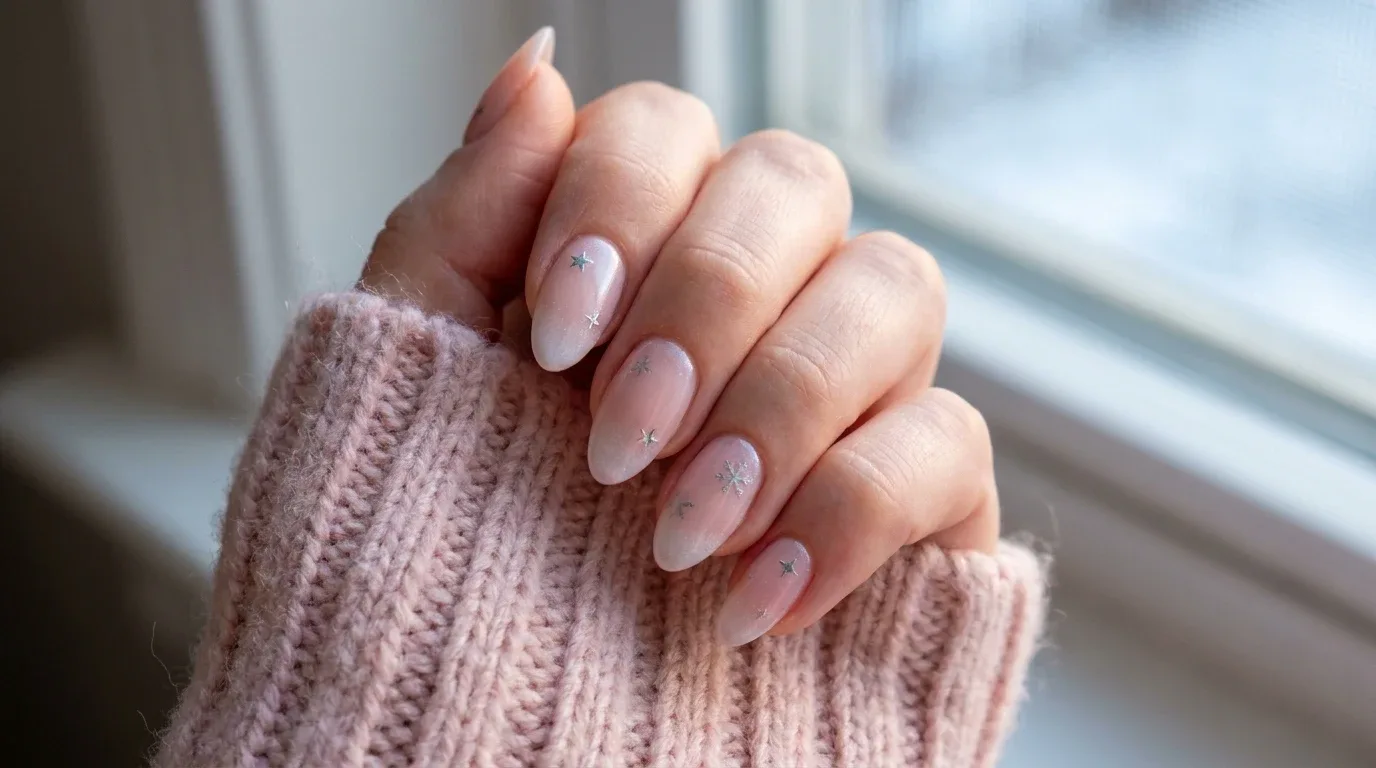 Frosted blush pink winter nails with pearlescent shimmer, silver stars, and snowflake accents.