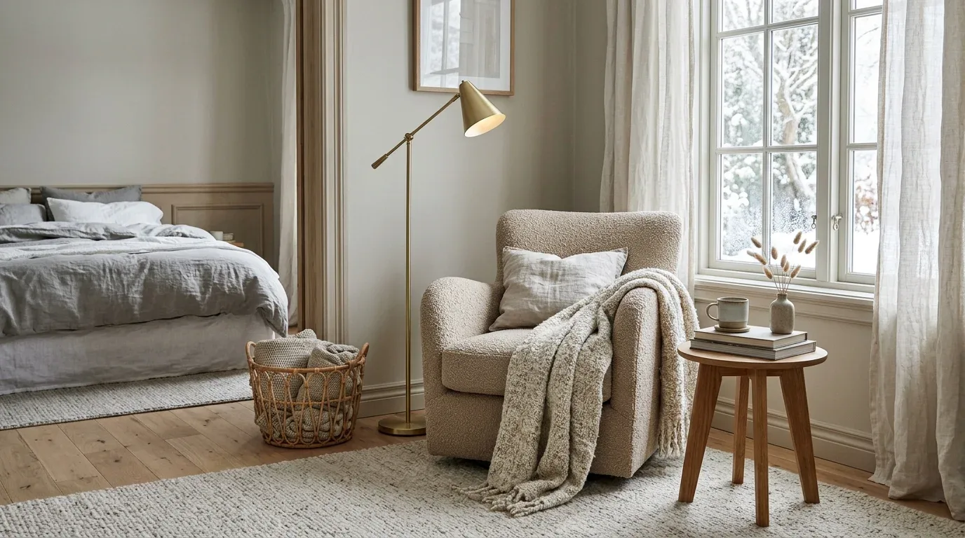 Scandinavian bedroom reading corner with a beige armchair, books, and warm lighting.