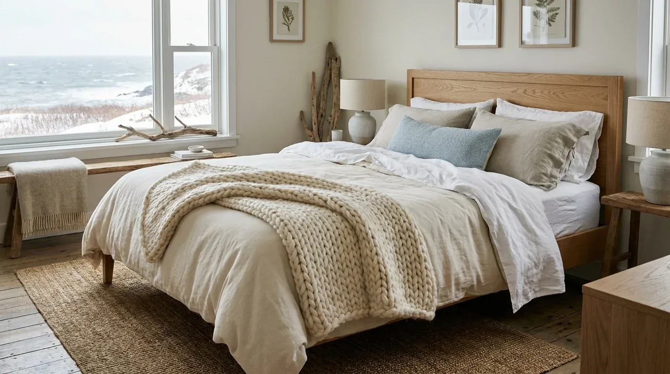 Chunky ivory knit throw layered over a cream bed in a cozy coastal bedroom.