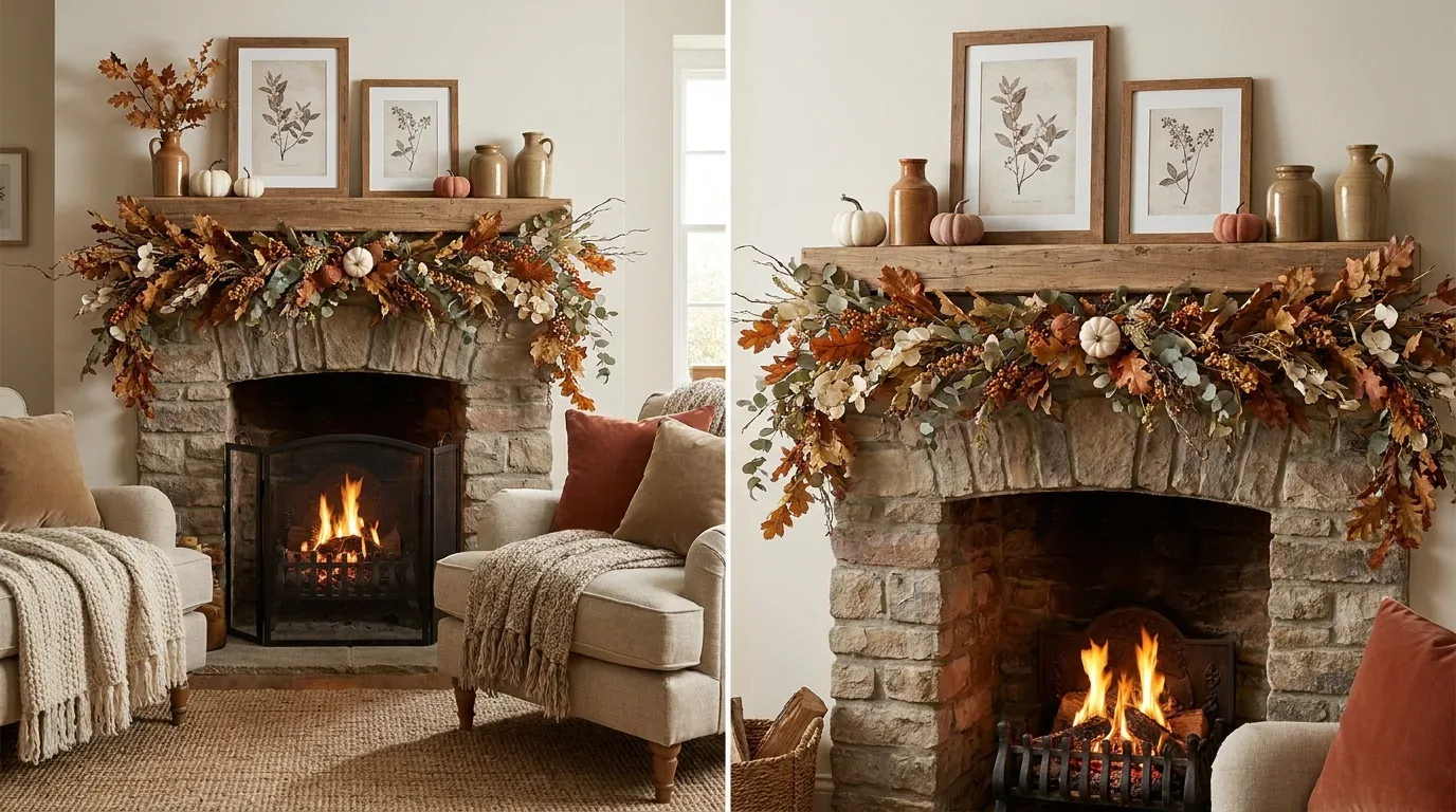 Fall fireplace mantel decorated with autumn foliage, small pumpkins, ceramic vases, and botanical art.