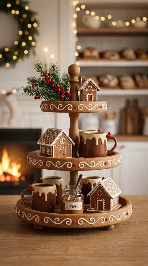 Gingerbread-themed coffee tray with miniature houses, brown mugs, and festive accents.