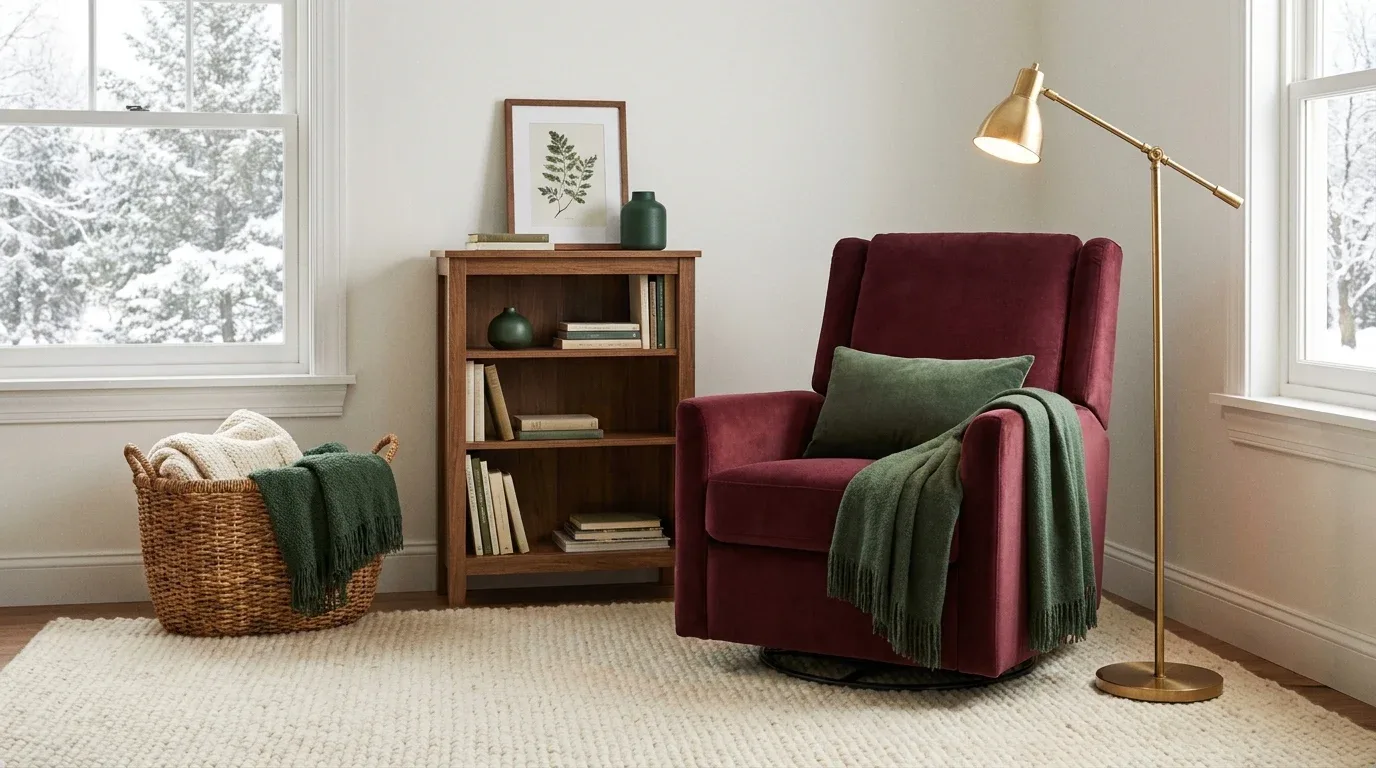 Small winter reading nook with a swivel rocker, bookcase, floor lamp, and blanket basket.