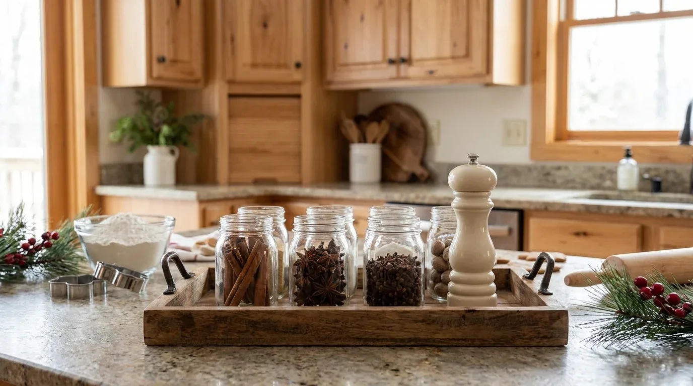 Glass spice jars with cinnamon sticks and star anise arranged on a kitchen counter
