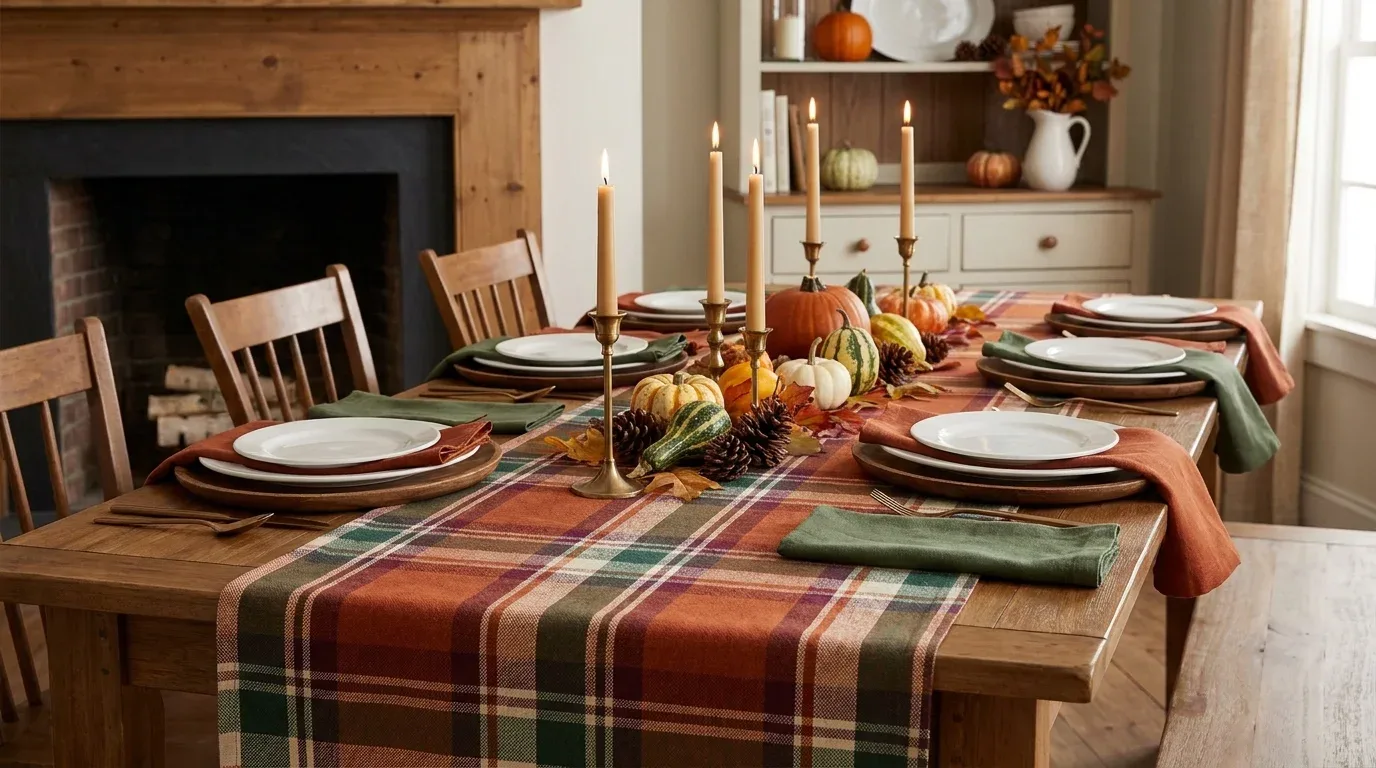 Traditional Thanksgiving table with an autumn plaid runner, white dishes, and seasonal pumpkins.
