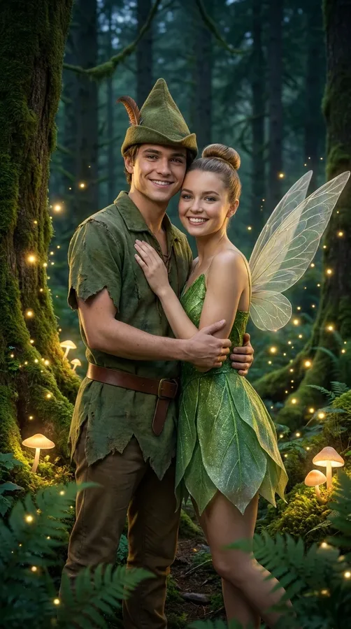Tiana and Prince Naveen inspired costumes featuring a floral green gown and a cream royal jacket.