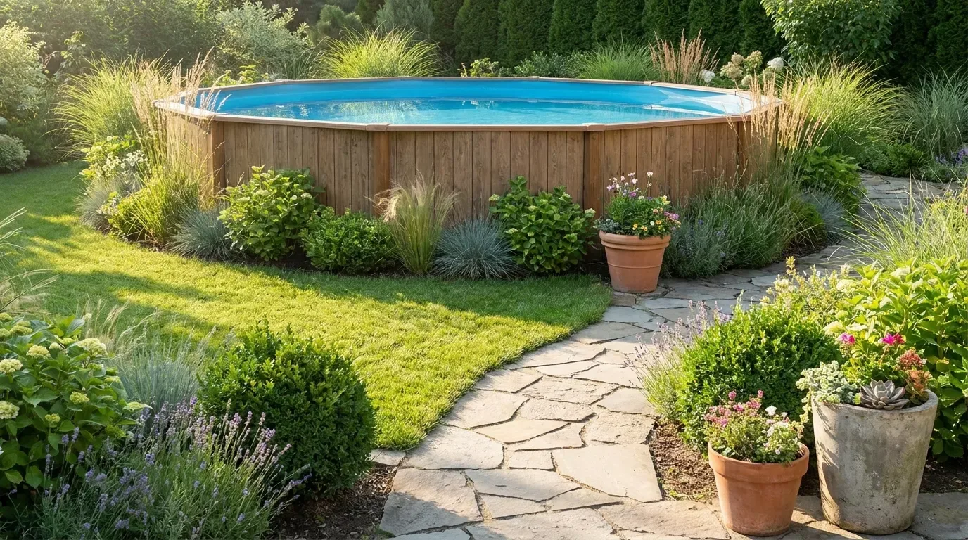 Above-ground pool softened by ornamental grasses, shrubs, planters, and a garden path.