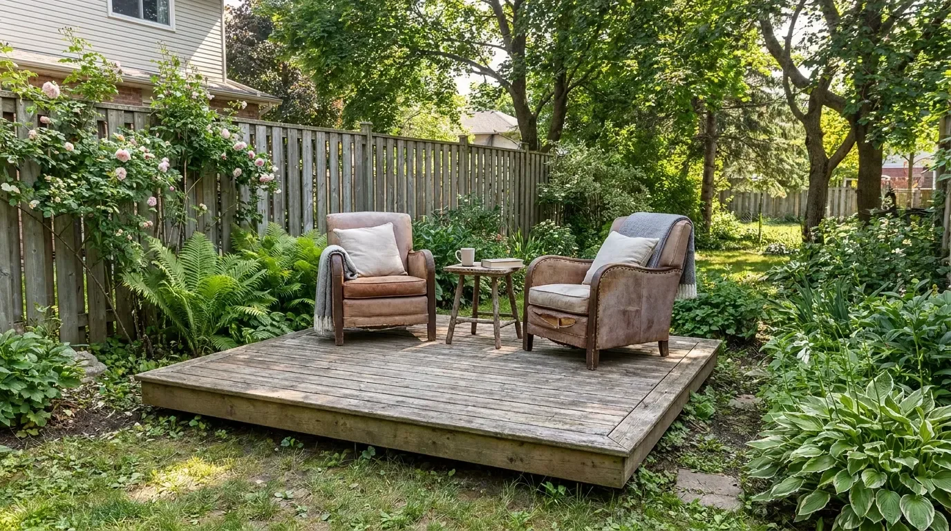 Refinished wooden backyard deck with fresh stain and updated landscaping