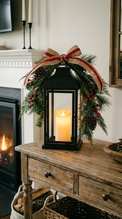 Christmas lantern wrapped with evergreen garland, pinecones, and understated seasonal ribbon.
