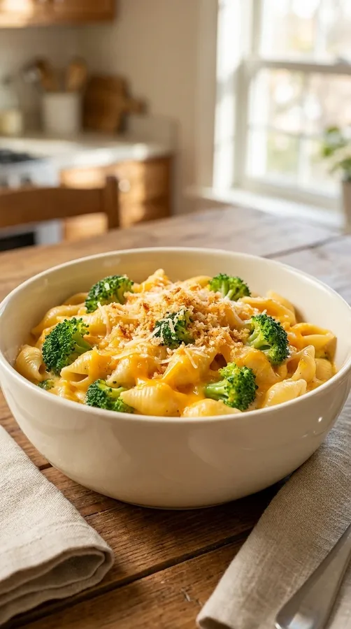 Creamy broccoli cheddar pasta with tender broccoli florets and crunchy breadcrumbs.