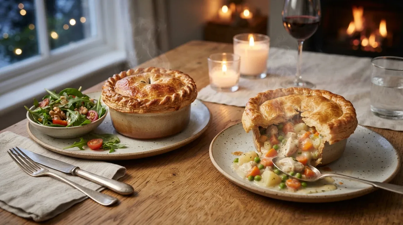 Golden individual chicken pot pies filled with tender chicken and vegetables for a cozy dinner.