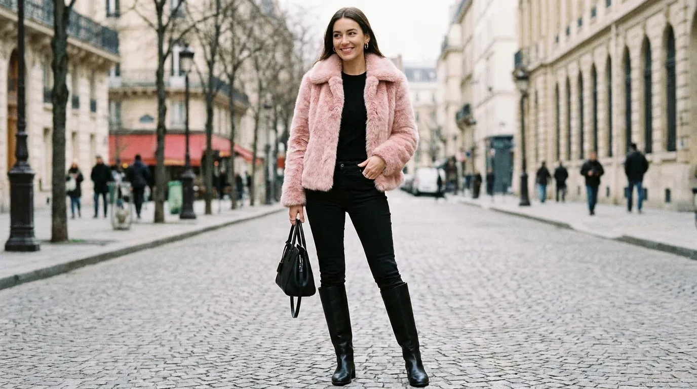 Heart-print sweater with straight-leg jeans, Chelsea boots, and a warm winter coat.