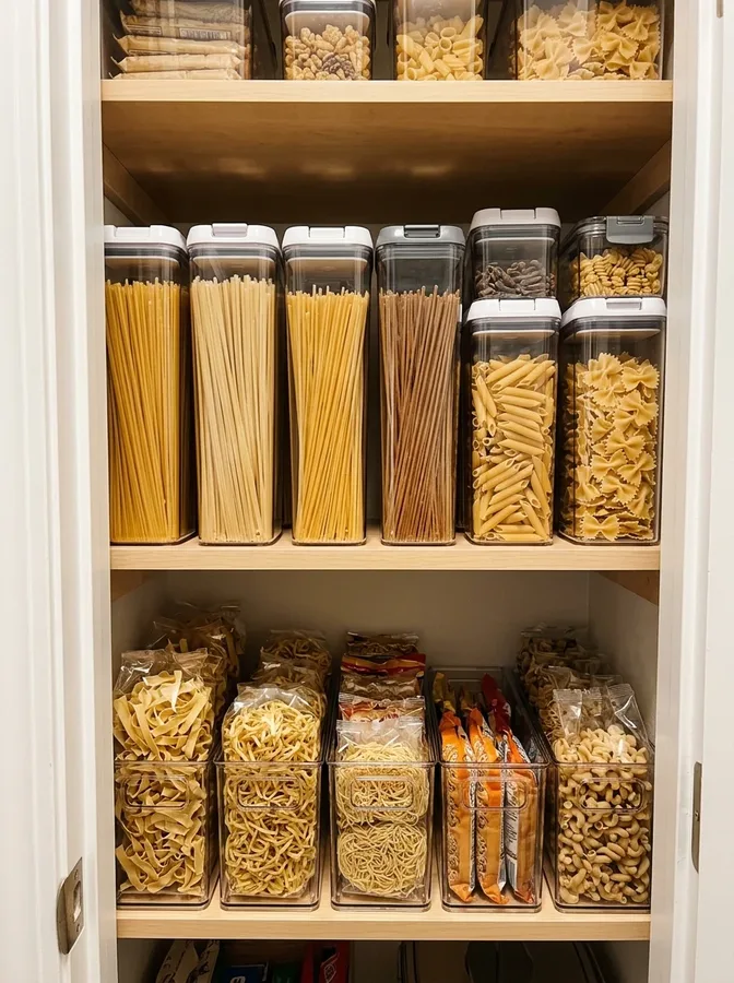 Canned goods arranged in visible rows with a tiered organizer for easy rotation.