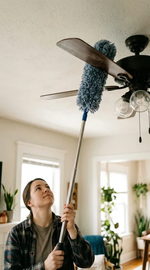 Cleaning a window and windowsill to let more natural light into a freshly refreshed home.