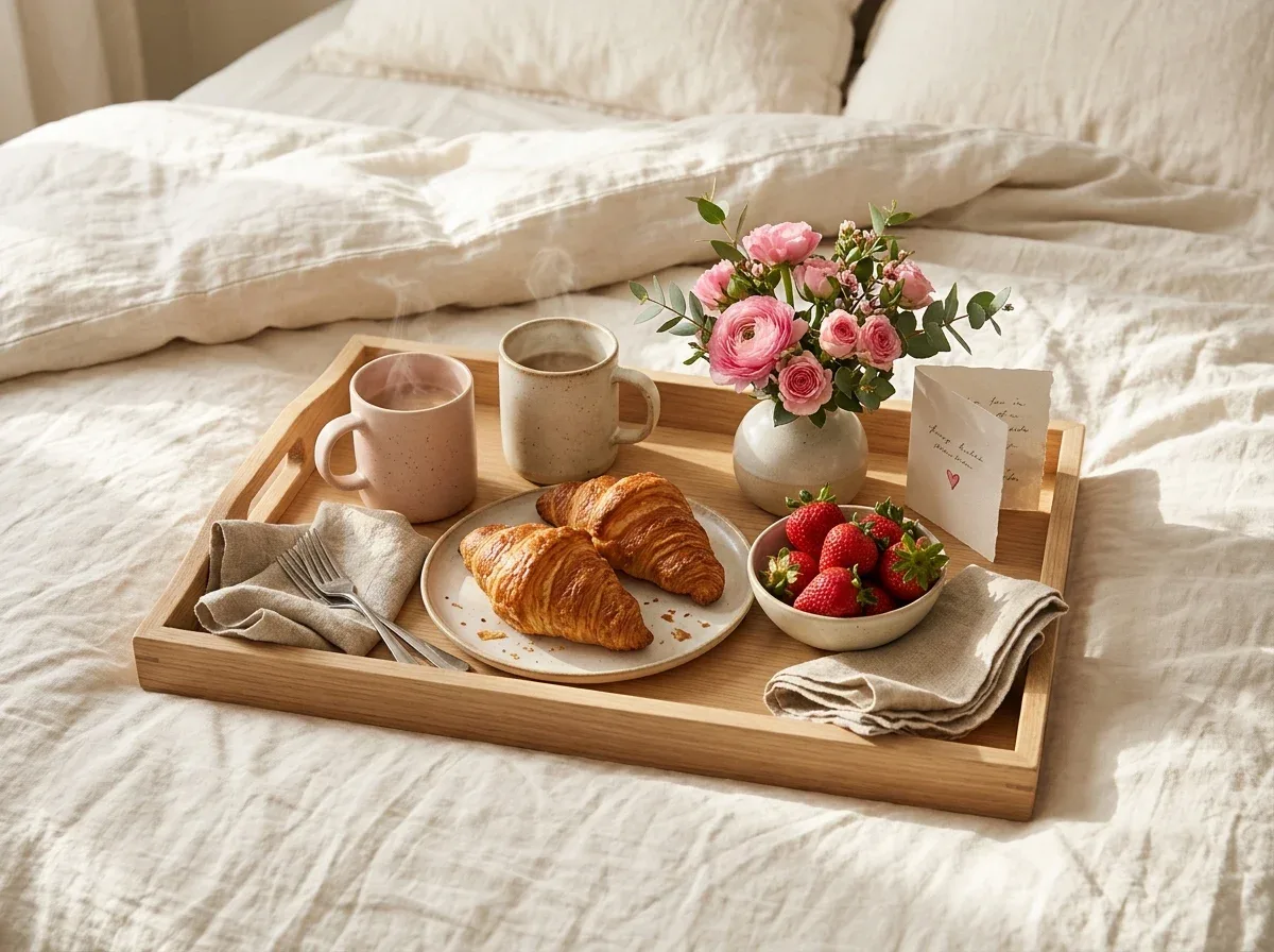 Valentine's Day breakfast tray with croissants, strawberries, ceramic mugs, and pink flowers on a cozy bed.