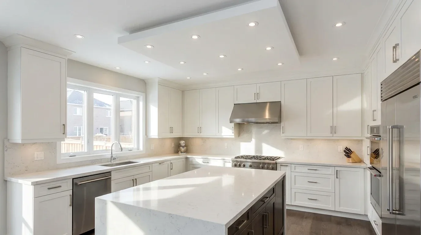 Island-focused false ceiling with pendant lighting