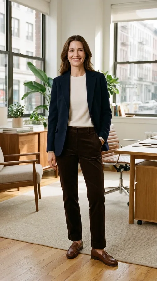 Chocolate corduroy trousers with a cream knit and navy blazer for warm winter office styling.