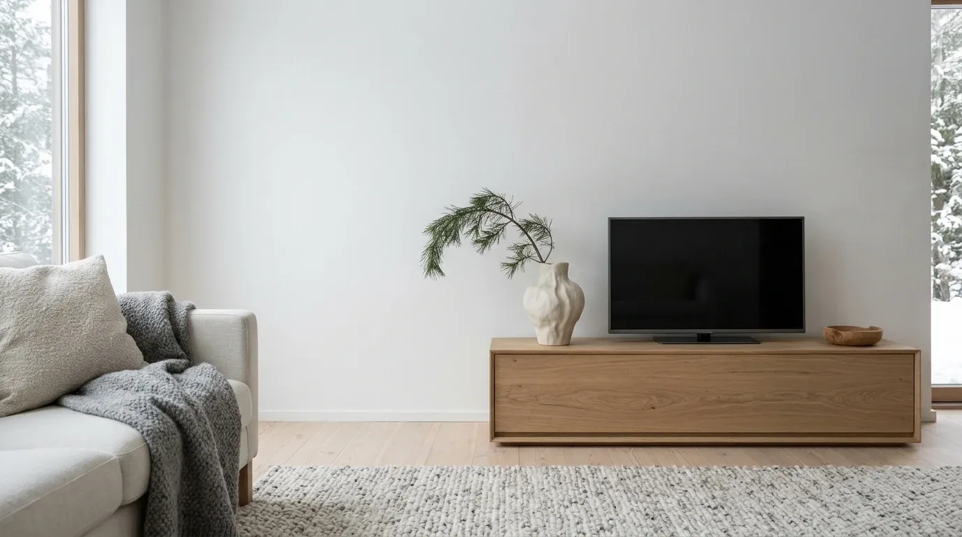 Minimalist Scandinavian TV stand with pale oak, cream pottery, and simple evergreen greenery.