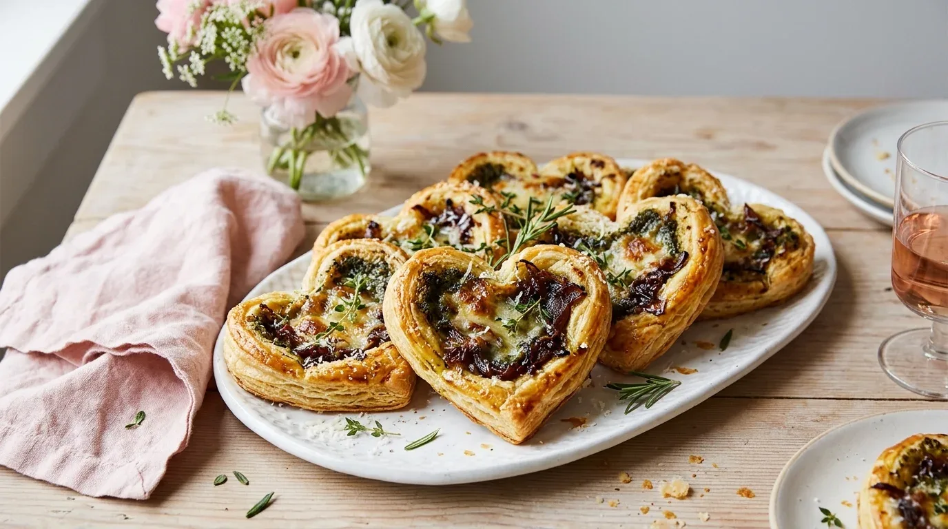 Golden heart-shaped puff pastry bites with savory cheese, pesto, and onion fillings.