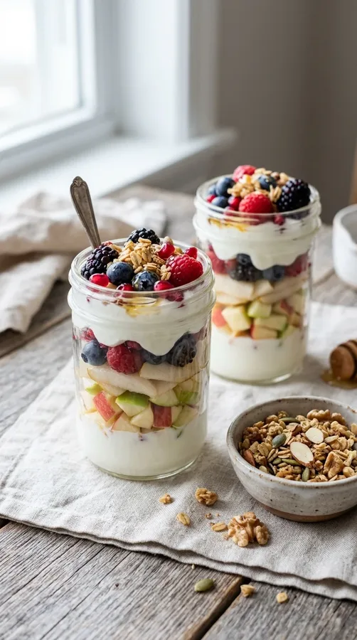 Greek yogurt breakfast parfaits layered with fruit and served with granola on the side.