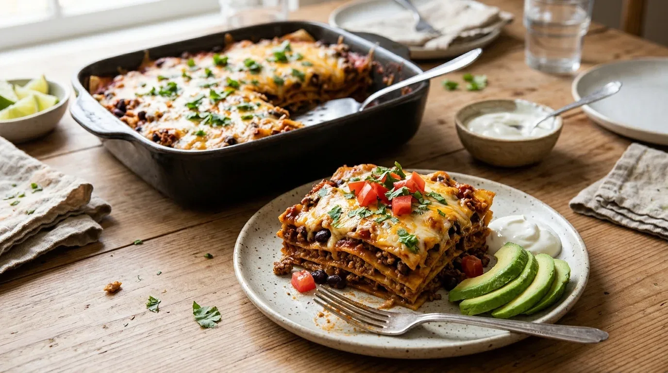 Cheesy ground beef enchilada casserole with layered tortillas, red sauce, black beans, and fresh toppings.