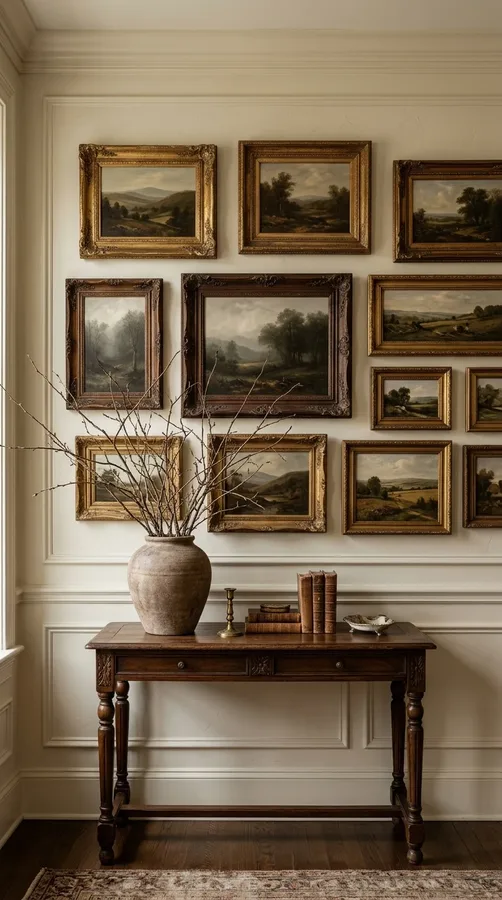 Landscape artwork in antique gold and dark wood frames adds timeless character to a classic home.