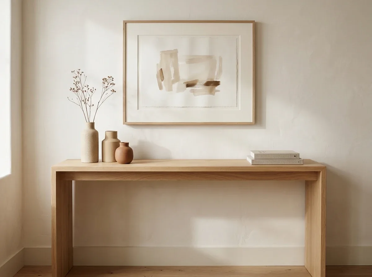 A console table styled with a few coordinated accessories and plenty of breathing room.
