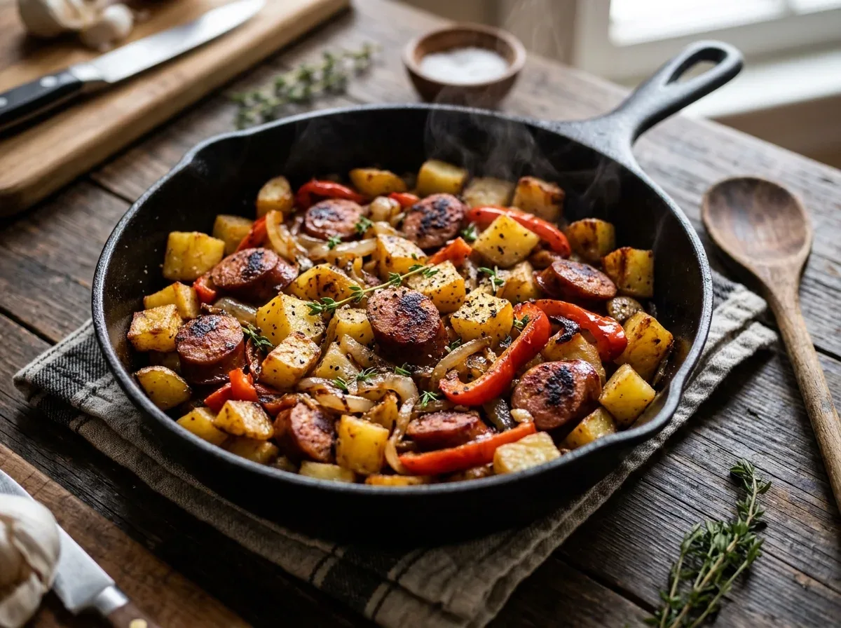 Hearty sausage and potato skillet with golden potatoes, onions, and bell peppers.