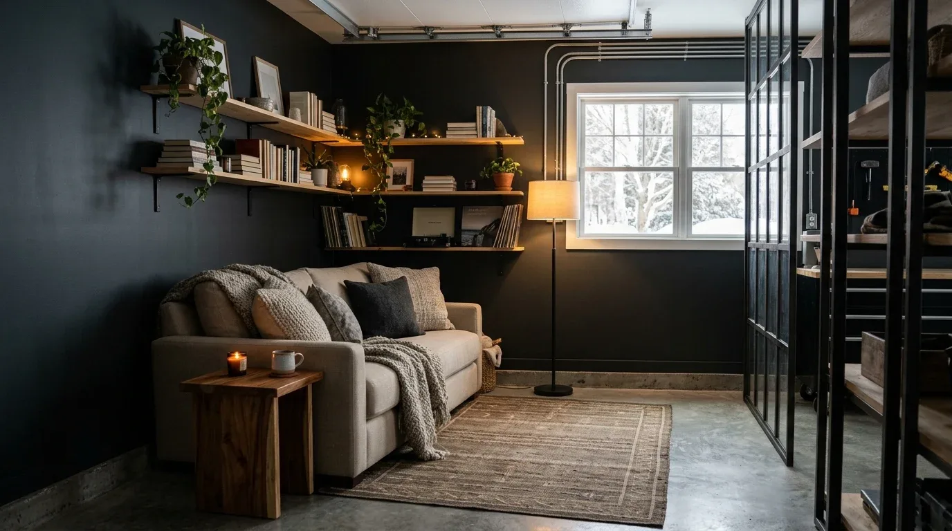 Cozy garage lounge corner with a compact sofa, neutral cushions, a rug, and warm lighting.
