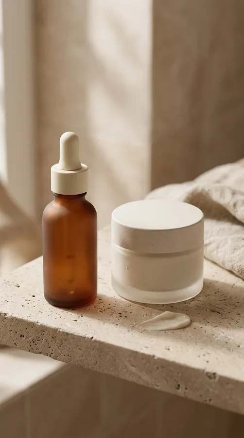 Minimal retinol serum and moisturizer arranged for a careful evening skincare routine.