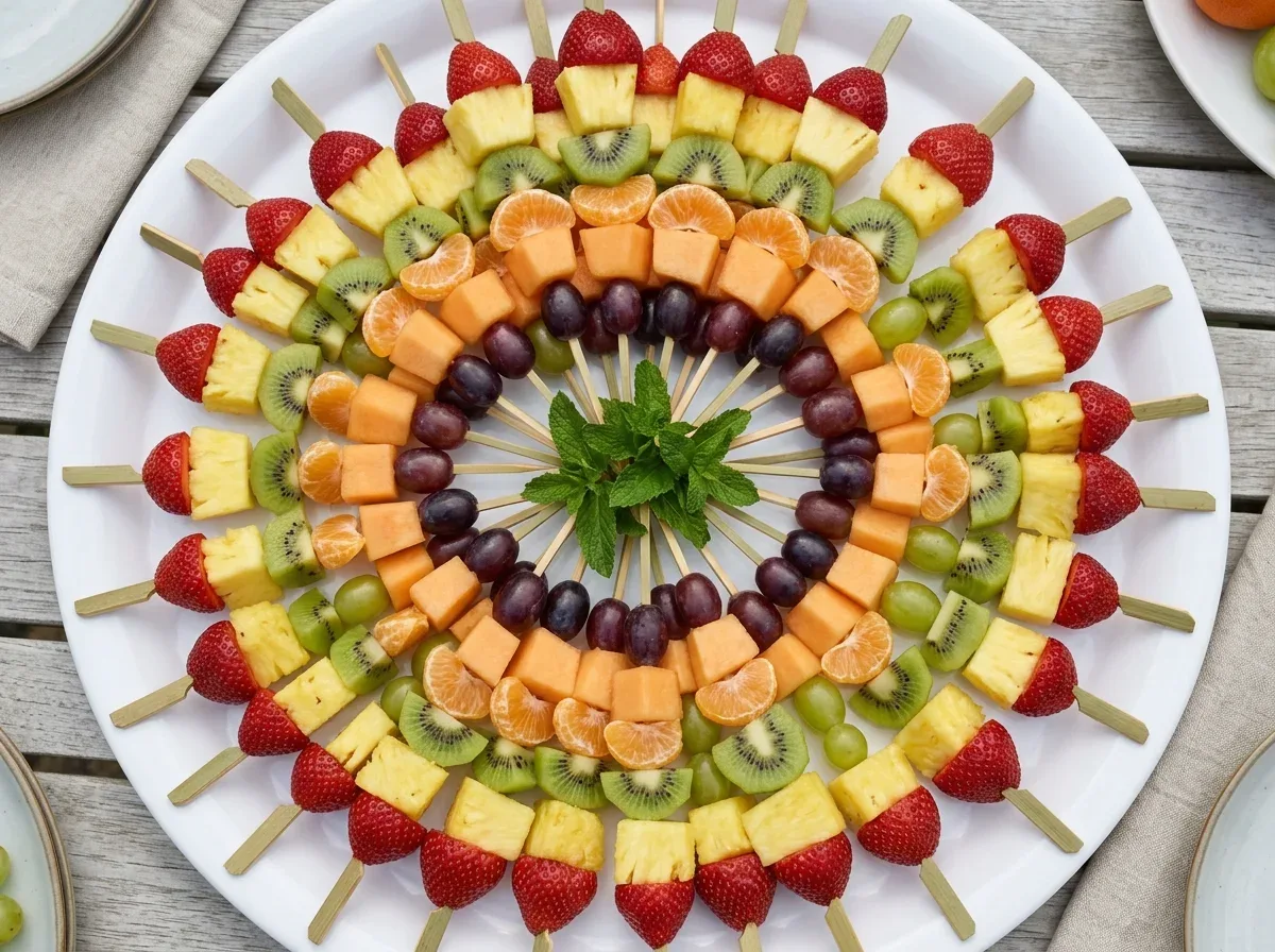 Colorful fruit skewers arranged neatly on a party platter with pineapple, strawberries, kiwi, grapes, and melon.