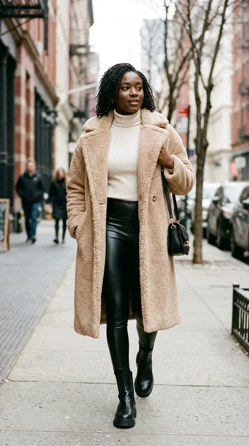 Black woman pairing black faux leather leggings with a beige teddy coat and ankle boots.