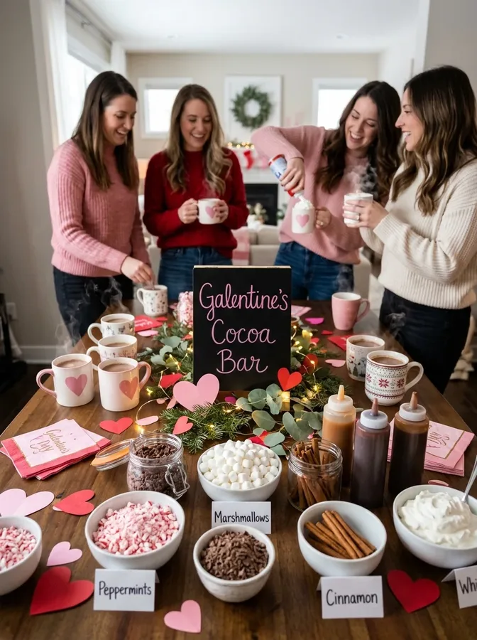 A festive hot chocolate bar with marshmallows and toppings for a Galentine's drink challenge.