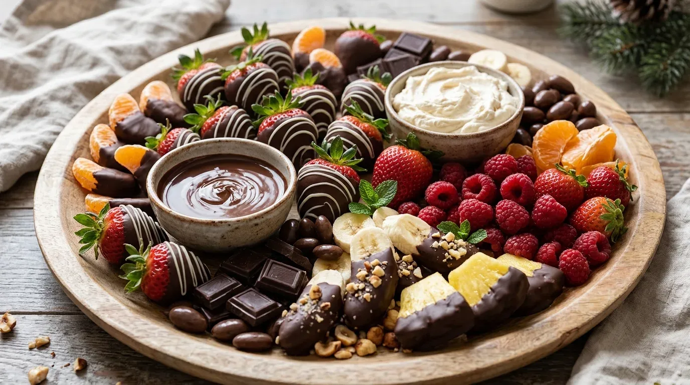 French pastry dessert board with mini croissants, macarons, fruit tarts, madeleines, and cream puffs.