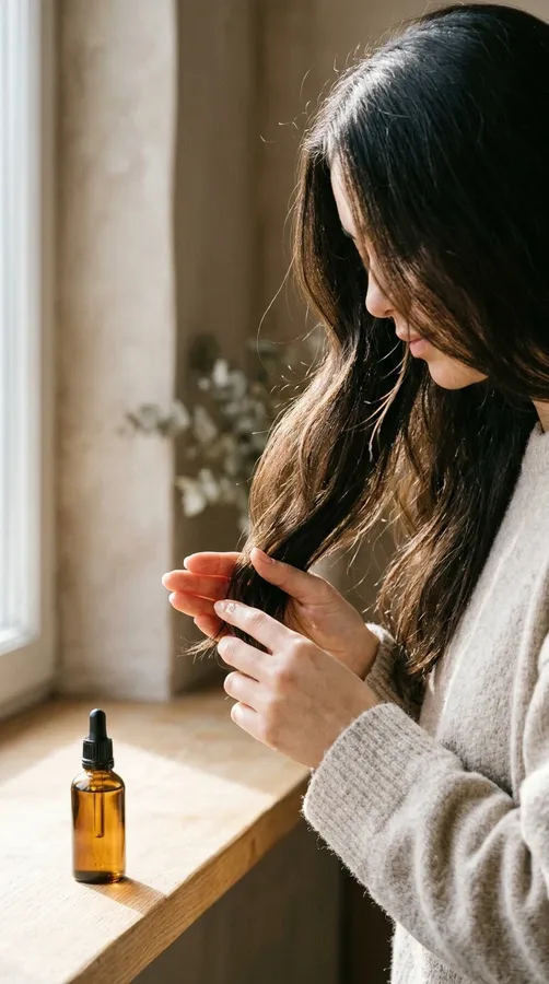 Woman applying a small amount of hair oil to the dry ends of her hair.