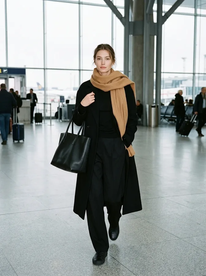 All-black winter airport outfit elevated with a camel statement scarf and structured black tote.