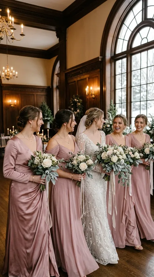 Dusty rose bridesmaid dresses paired with soft ivory flowers and greenery.