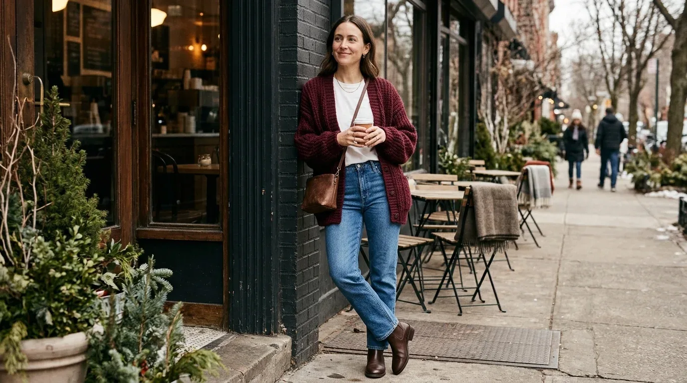 Burgundy cardigan layered over a white tee with blue jeans and brown ankle boots.
