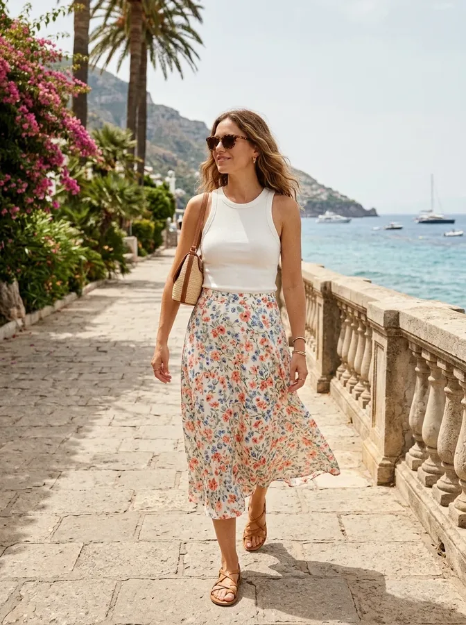 Sage-green activewear set with sneakers for a tropical walking excursion.