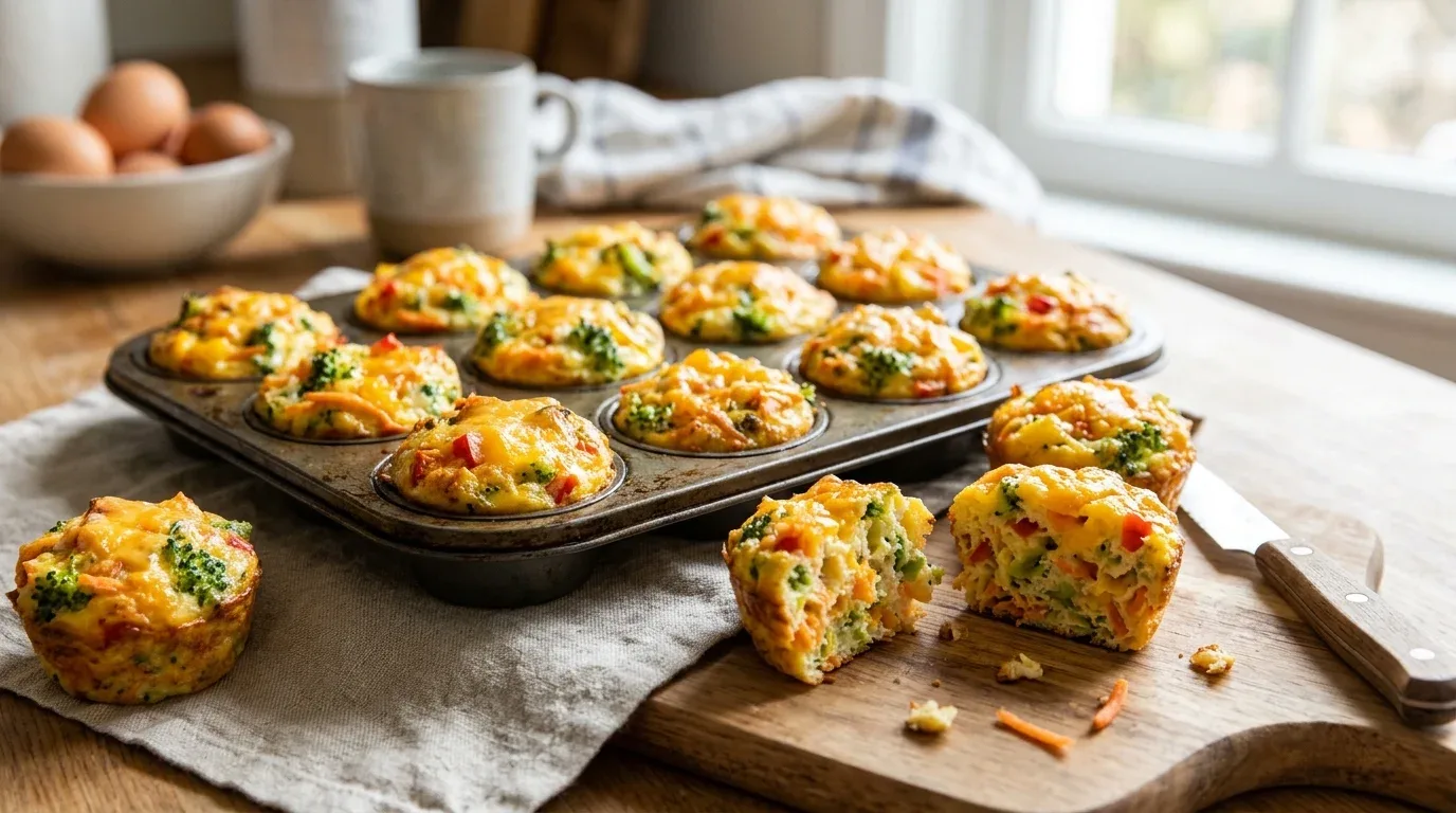 Mini baked egg muffins filled with broccoli, carrots, peppers, and cheddar.