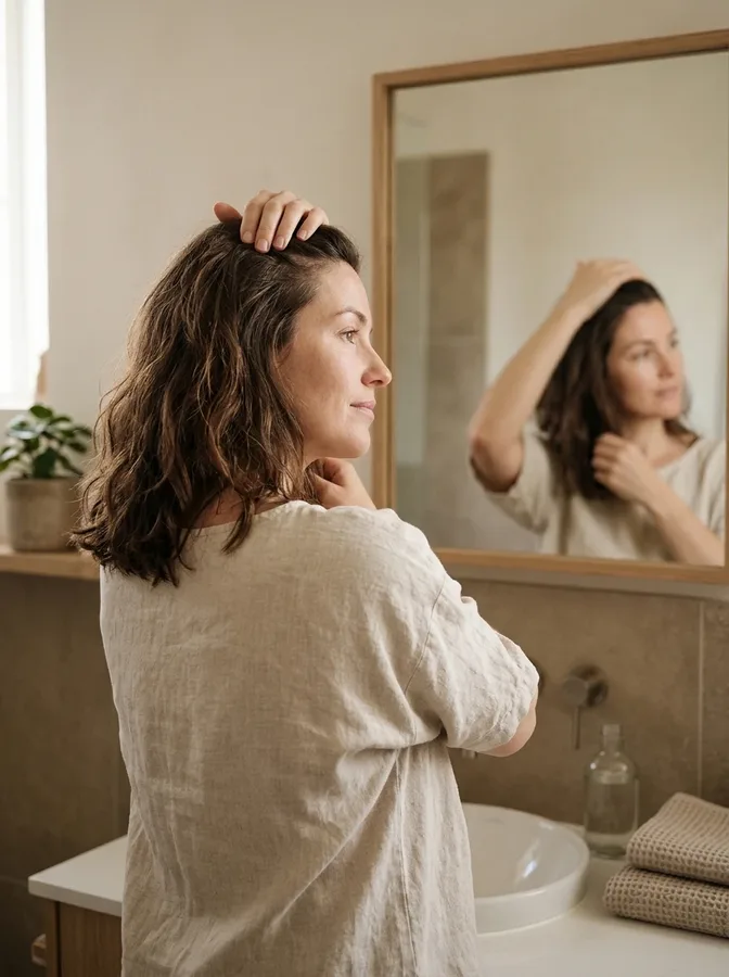 Woman observing her hair texture and density while considering possible health-related causes.
