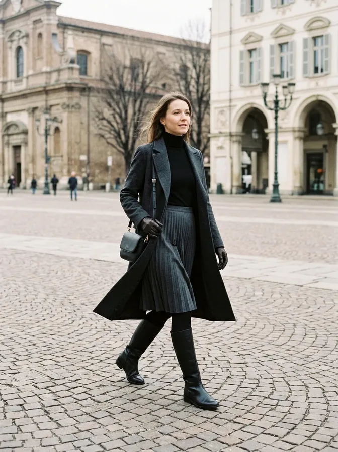 Pleated midi skirt, fitted turtleneck, thermal tights, and knee-high boots for elegant winter sightseeing.