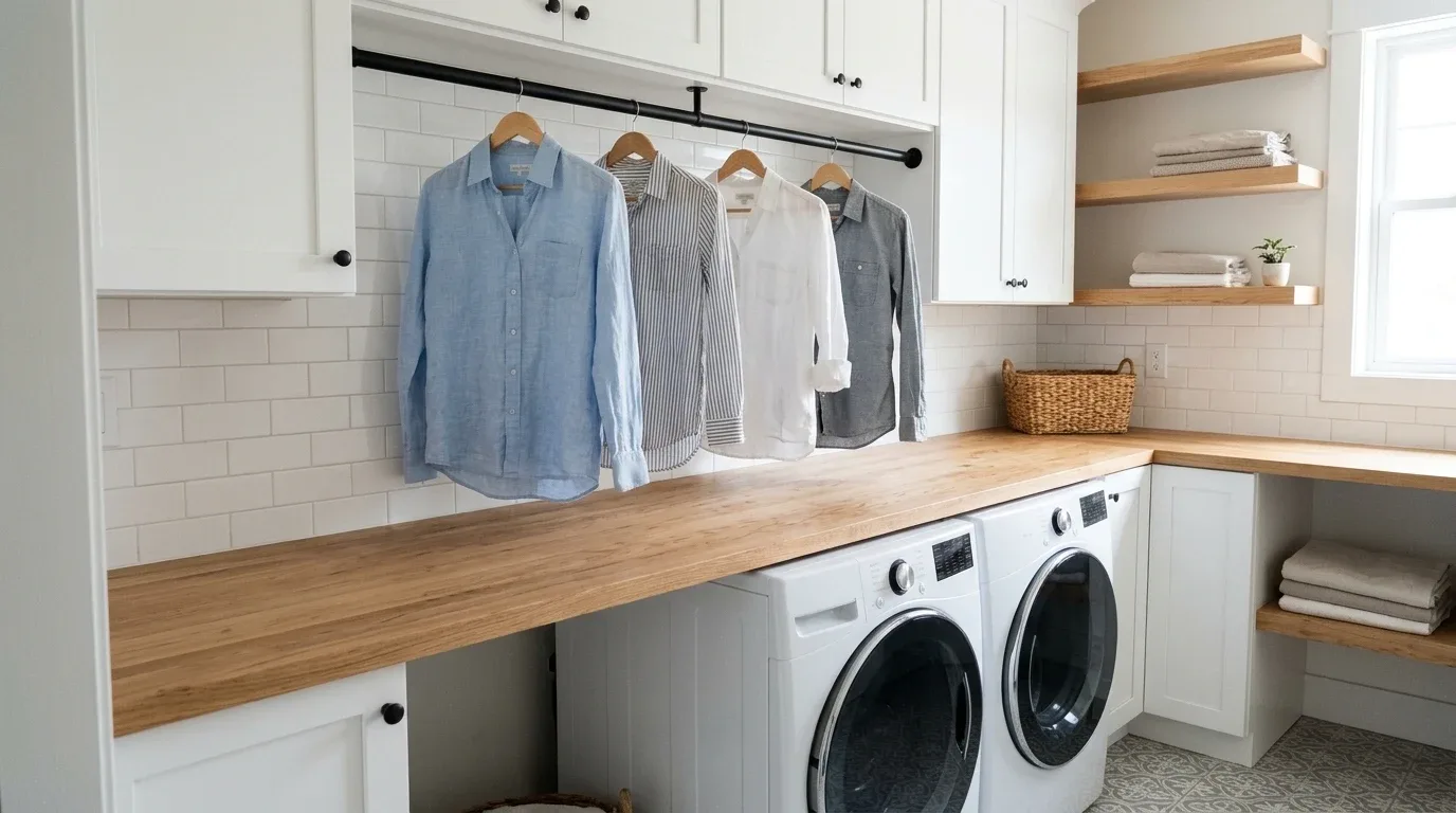 Black metal hanging rod beneath upper cabinets for air-drying clothes in a farmhouse laundry room.