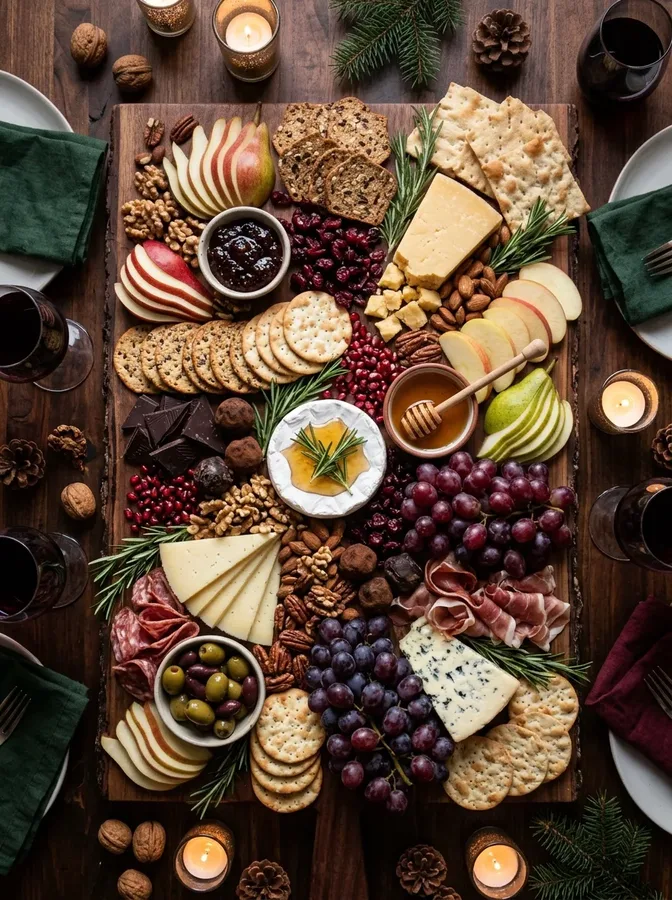 Winter charcuterie board with cheese, crackers, fresh fruit, nuts, olives, and sweet treats.
