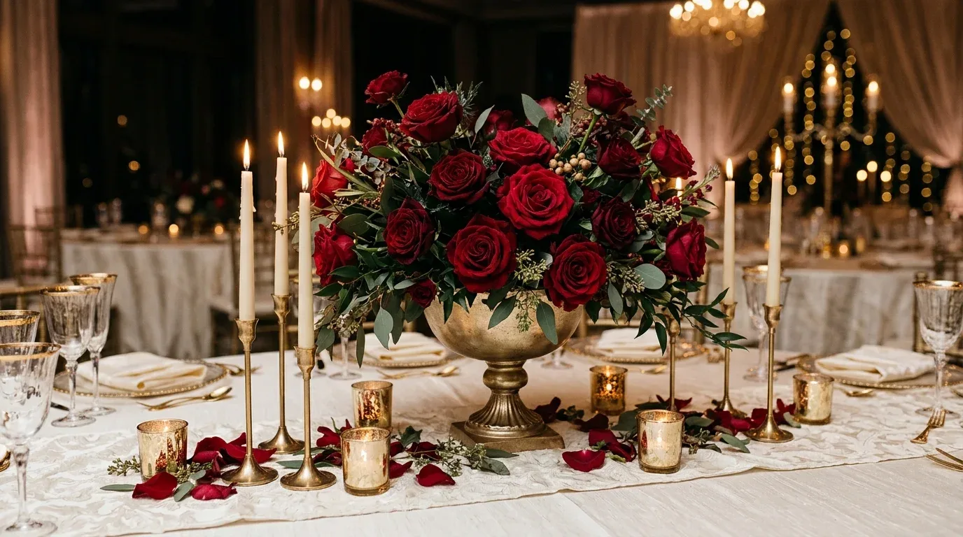 Deep red rose winter wedding centerpiece with gold vessel and warm candlelight.