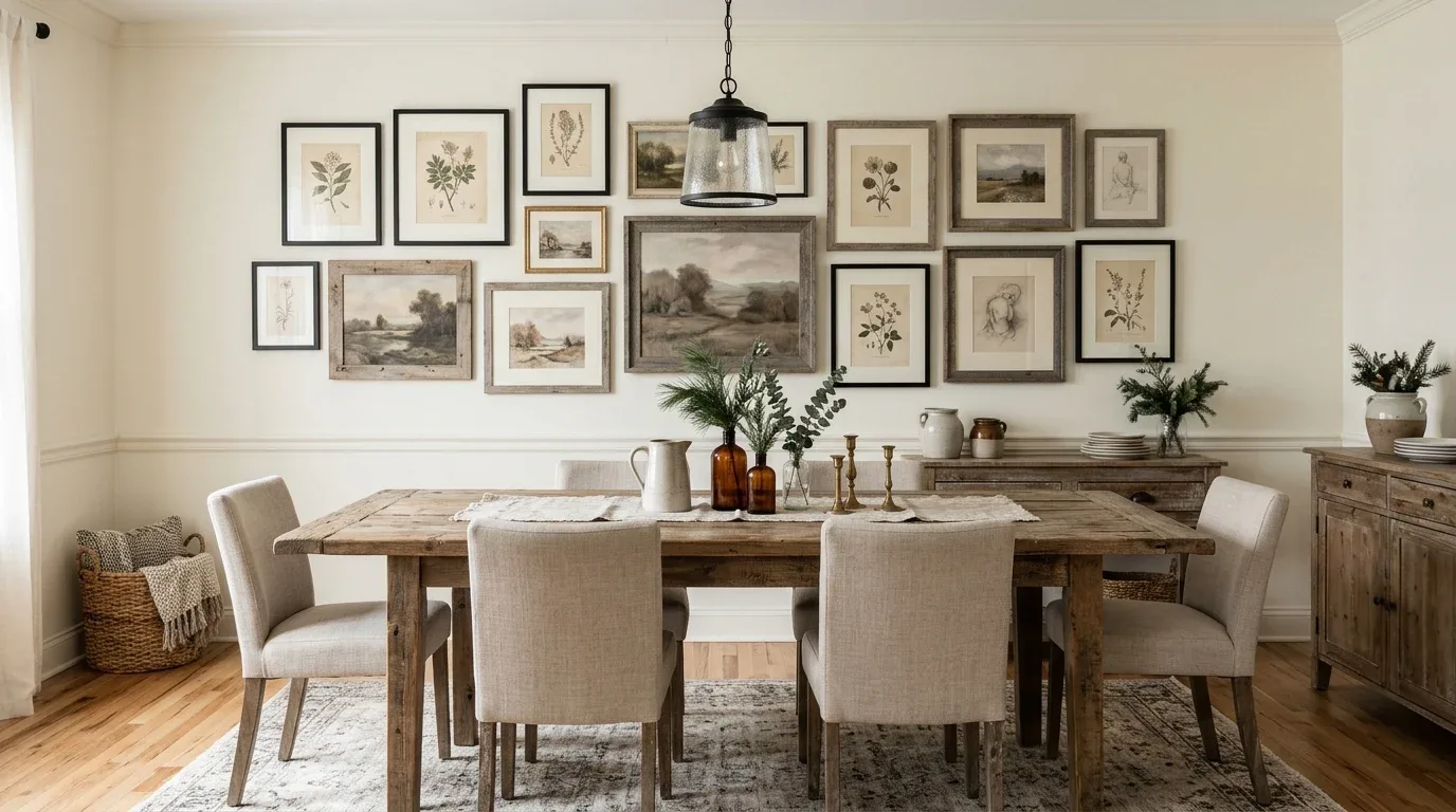 Farmhouse dining room with a curated gallery wall of botanical prints and vintage-style framed artwork.