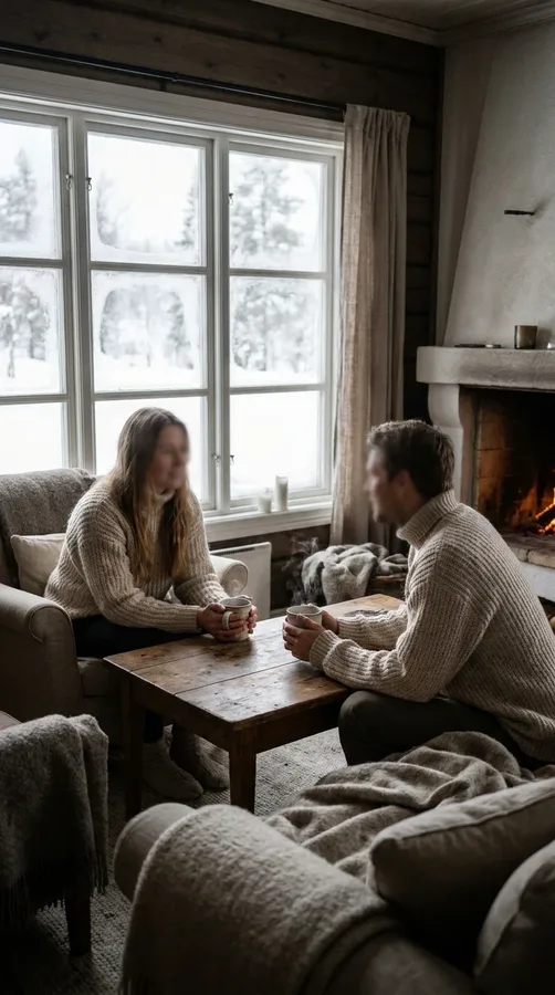 Two people sharing a thoughtful conversation over warm mugs in a cozy winter room.