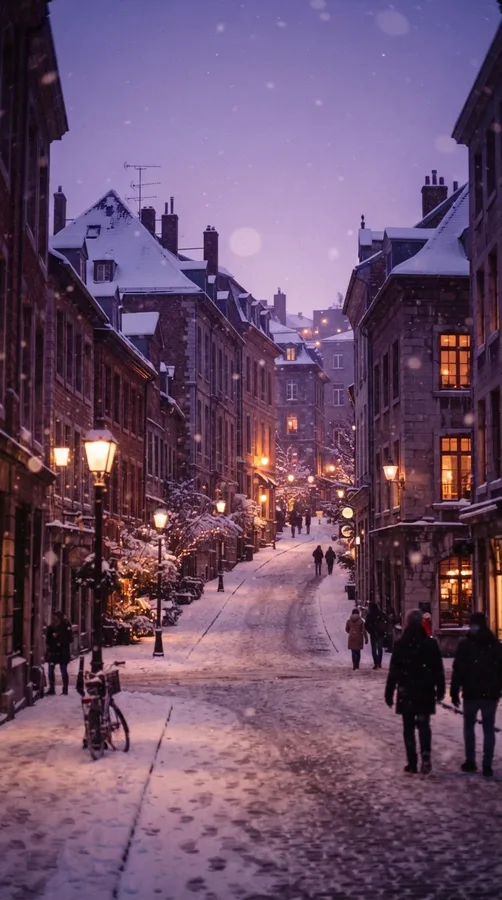 Snowy city rooftops and glowing streetlights beneath an atmospheric purple winter sky.