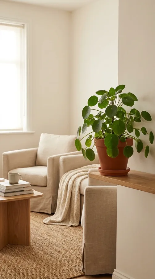 Chinese money plant thriving in a comfortable indoor environment.