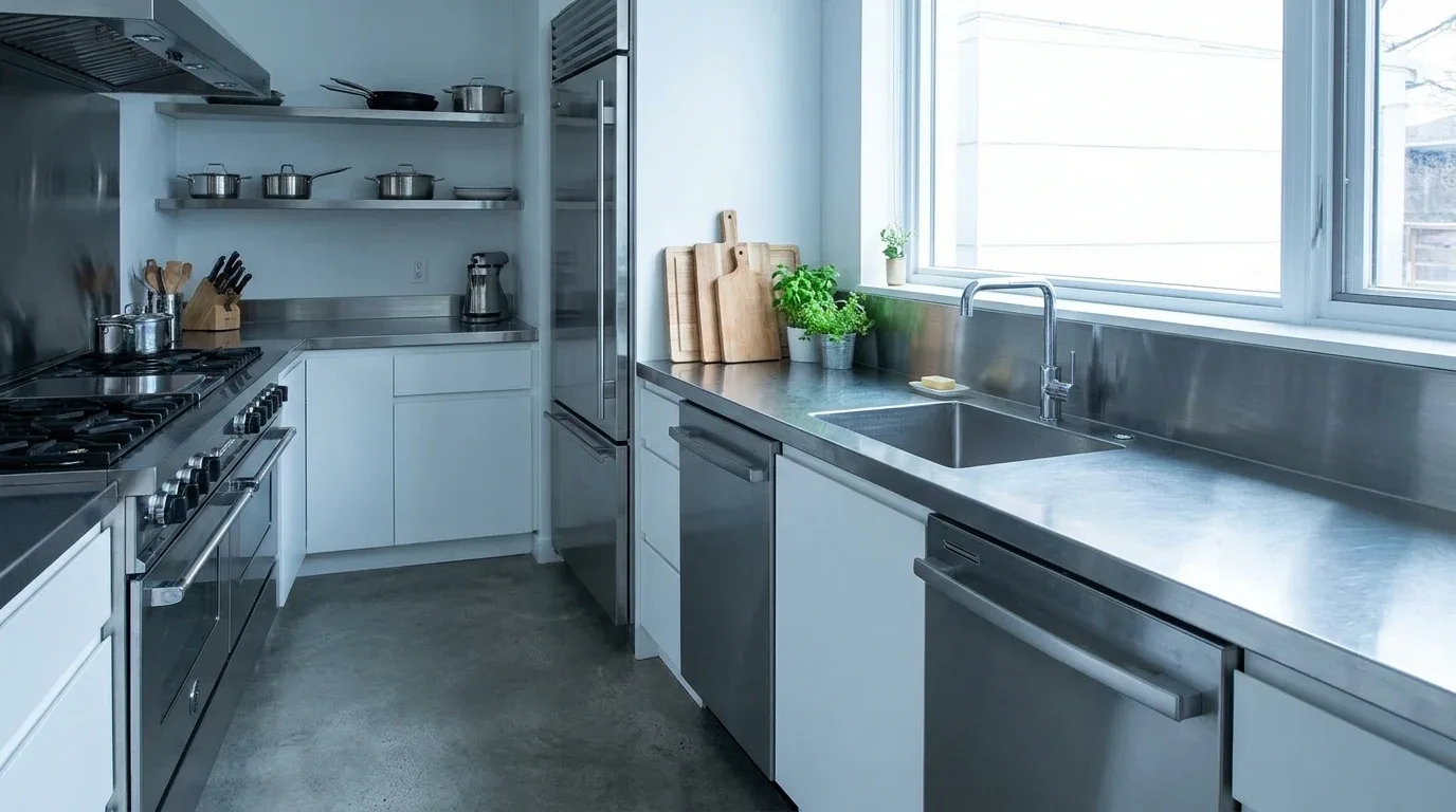Charcoal soapstone countertop with subtle veining and sage green kitchen cabinets.