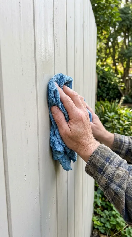 Wiping dust and light dirt from smooth wooden fence boards with a microfiber cloth.